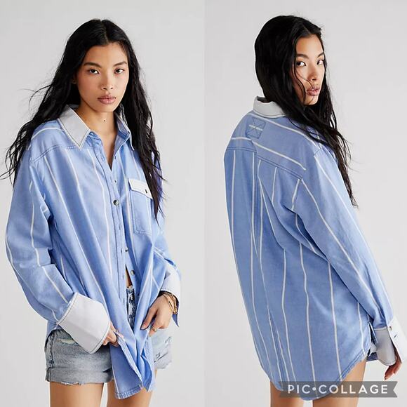 Free People Manchester Blue White Striped Long Sleeve Preppy Button Down XL - Picture 1 of 9